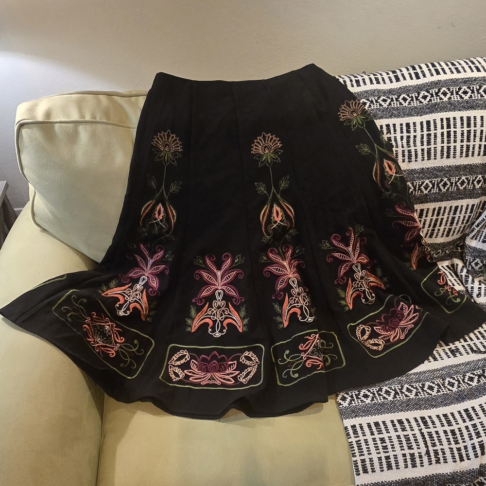 Embroidered Black Skirt with Colorful Floral Patterns
